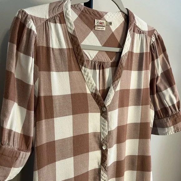 VGUC Faherty Helena dress buffalo check brown white button up pockets Small - Picture 5 of 12